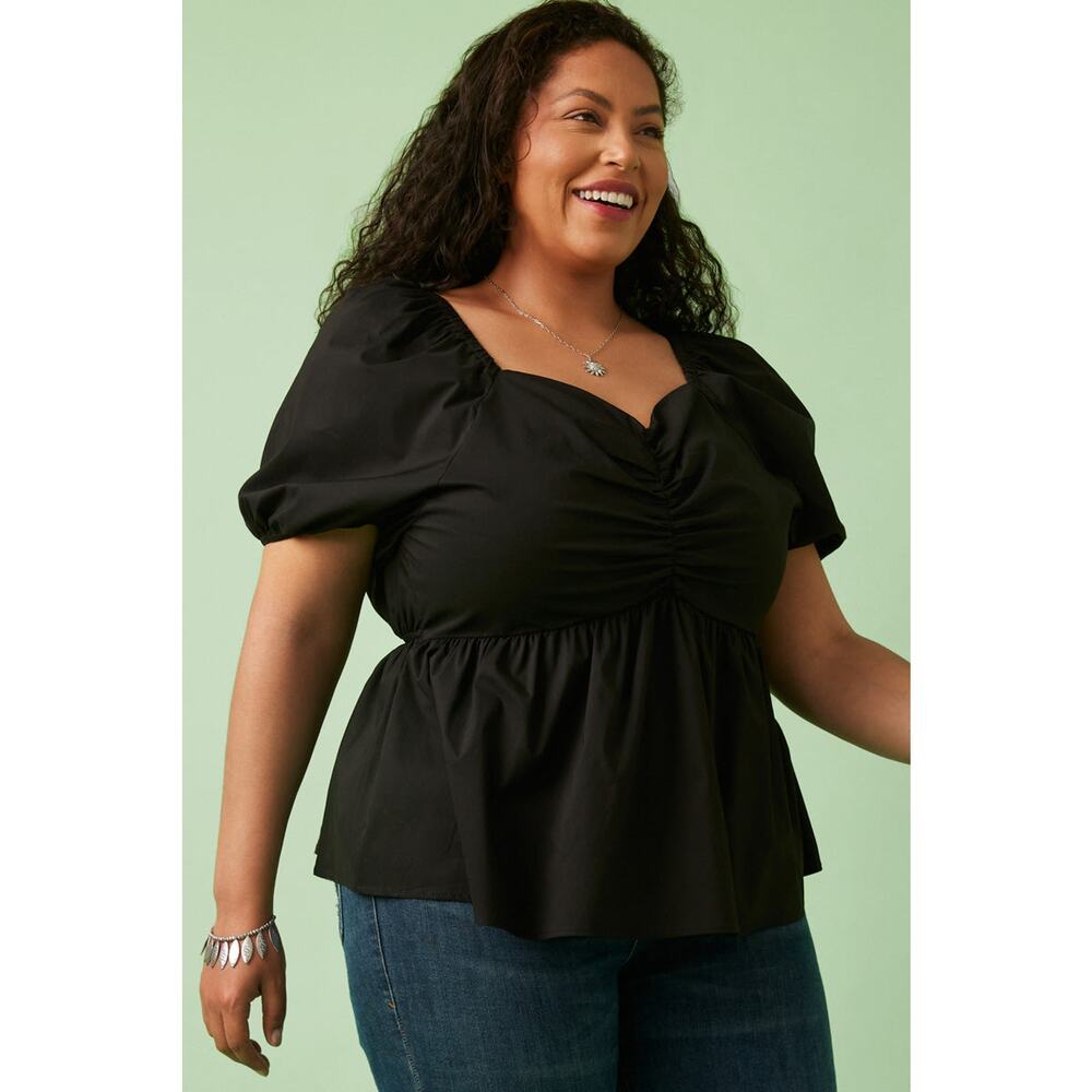 HAYDEN Destiny Plus Black Shirred Puff Sleeve Sweetheart Top Plus 1XL NEW